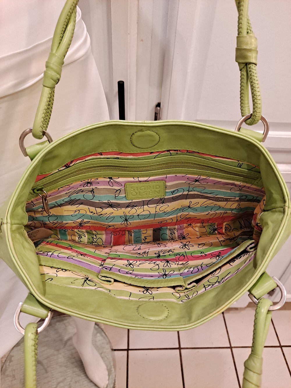 Sigrid Olsen Light Green Leather Braided Handles Stitched Vtg Y2k Vibrant Liner - Picture 11 of 16